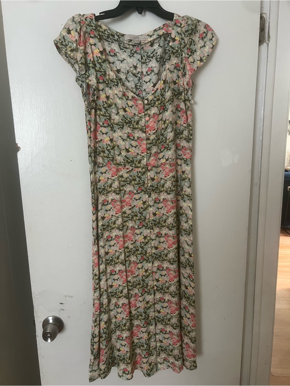 LOFT Floral Cap-Sleeve Maxi Dress in Pink, Green and Cream